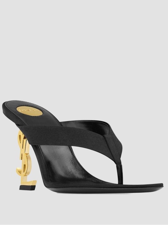 Saint Laurent Shoes - Saint Laurent Black Thong Sandal with Gold Logo Heel